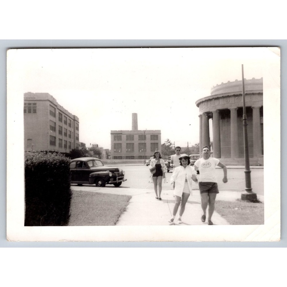People Walking 1940s Snapshot Photograph Classic Car Americana Street Scene